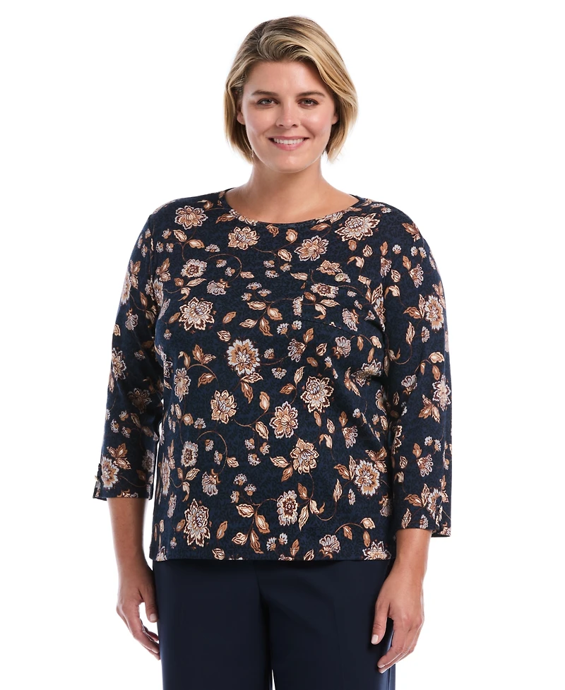 Rafaella Plus Floral-Print 3/4-Sleeve Cotton Blouse