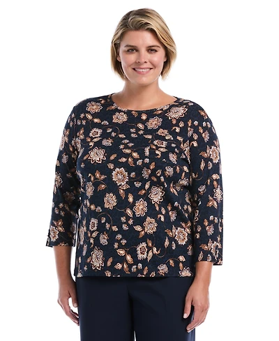 Rafaella Plus Floral-Print 3/4-Sleeve Cotton Blouse