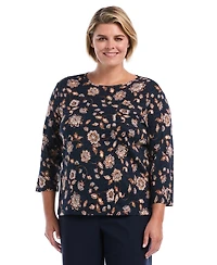 Rafaella Plus Floral-Print 3/4-Sleeve Cotton Blouse