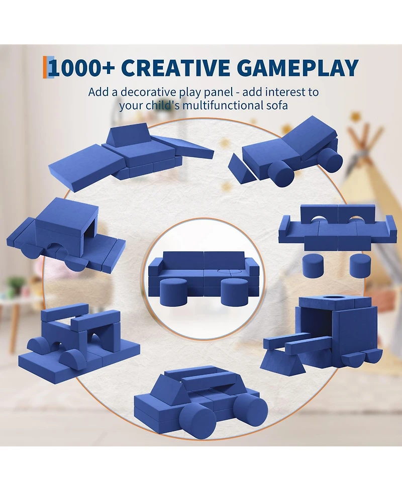 homfan 13-Piece Modular Play Couch Set, Convertible Foam Sofa with Washable Velvet Covers, Fold-Out Floor Chair for Playroom, Bedroom, Living Room