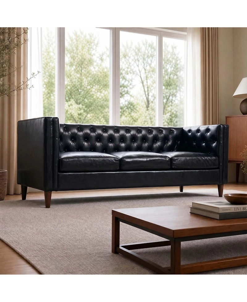 homfan 81'' Modern Leather Couch for Living Room, Mid Century Sofa with Deep Seat, Handmade Button Tufted Sofa, Chesterfield 3 Seat