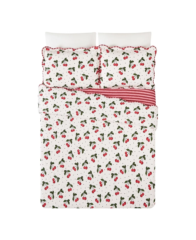Modern Heirloom Cherry Reversible Scalloped 3-Piece Quilt Set, Full/Queen