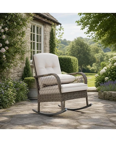 homfan Outdoor Wicker Rocking Chair, High-Back, Thick Cushion, Steel Frame, Ergonomic High-Back Comfort, Handwoven Rattan for Garden, Porch, Deck
