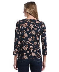 Rafaella Women's Petite Floral 3/4-Sleeve Rib-Knit T-Shirt