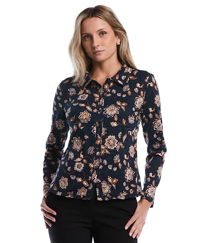 Rafaella Petite Floral Ruffle-Trim Long-Sleeve Blouse