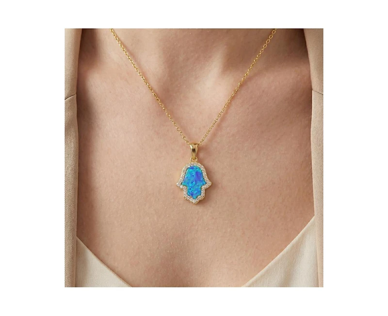 Rachel Glauber 14K Gold Plated Sparkling Hamsa Opal and Cz Halo Necklace