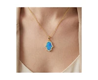 Rachel Glauber 14K Gold Plated Sparkling Hamsa Opal and Cz Halo Necklace