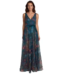 Rene Ruiz Occasion Women's V-neck Floral Printed Organza Waist Tie A-Line Gown