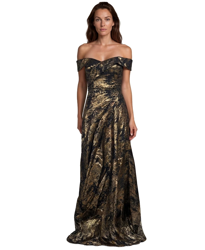 Rene Ruiz Occasion Women's Off The Shoulder Metallic Jacquard Draped Column Gown
