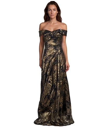 Rene Ruiz Occasion Women's Off The Shoulder Metallic Jacquard Draped Column Gown