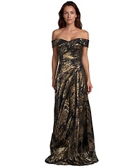 Rene Ruiz Occasion Women's Off The Shoulder Metallic Jacquard Draped Column Gown