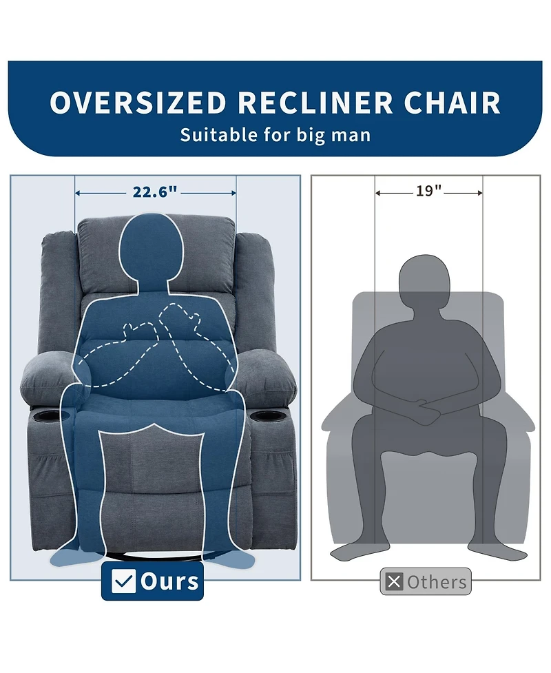 homfan Rocking Recliner for Adults Oversized 360degree(s) Swivel Manual Chair | Breathable Linen with Cup Holder Side Pockets