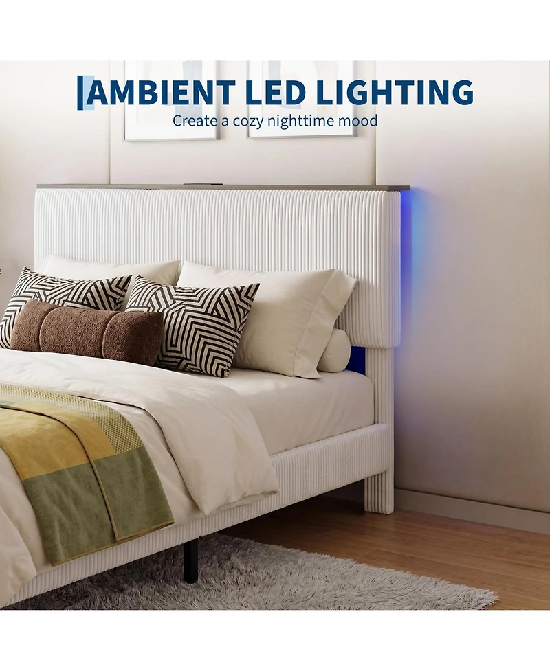homfan Bed Frame Headboard, Upholstered Platform Bed Frame, Corduroy Storage Headboard, Charging Station, Led Lights, Noise Free