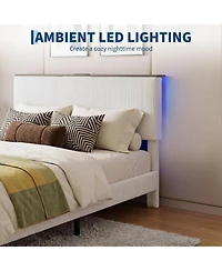 homfan Bed Frame Headboard, Upholstered Platform Bed Frame, Corduroy Storage Headboard, Charging Station, Led Lights, Noise Free
