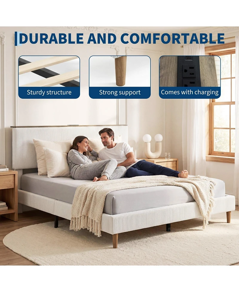 homfan Bed Frame Headboard, Upholstered Platform Bed Frame, Corduroy Storage Headboard, Charging Station, Led Lights, Noise Free