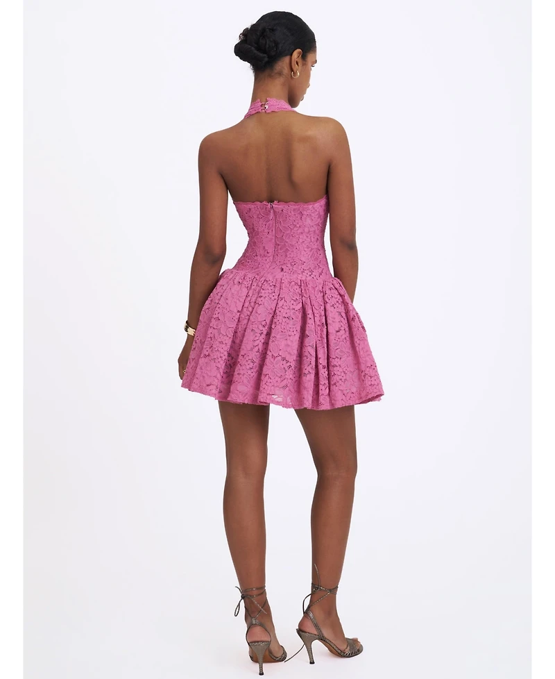Miss Circle Women's Karla Magenta Lace Drop Waist Halter Mini Dress