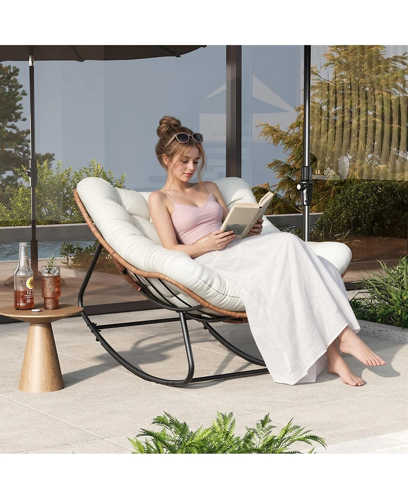 homfan Set Outdoor Rocking Papasan Chair with Cushion, Metal and Pe Rattan Frame, 400LBS Capacity, Ideal for Garden, Living Room