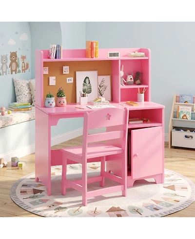 homfan Kids Desk and Chair Set with Hutch, Wooden Writing Table Storage Cabinet for Bedroom, Study Room, Computer Workstation