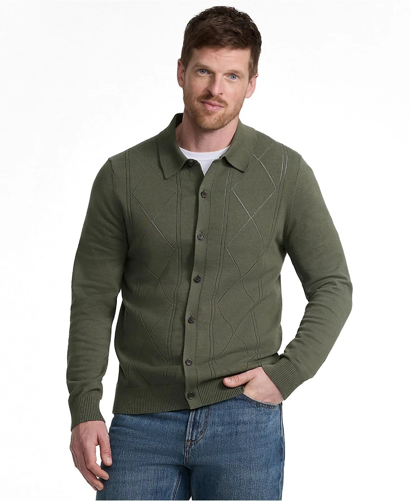 Lands' End Men's Long Sleeve Fine Gauge Cotton Pointelle Argyle Cardigan