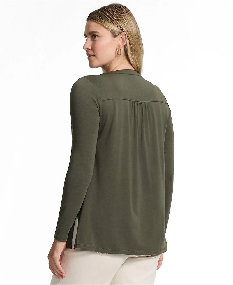 Lands' End Women's Long Sleeve Lightweight Jersey Pintuck Button Tunic Blouse