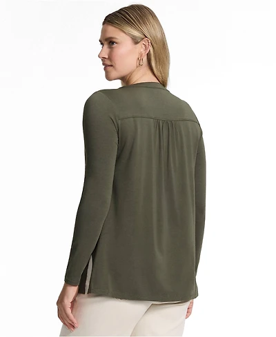Lands' End Women's Long Sleeve Lightweight Jersey Pintuck Button Tunic Blouse