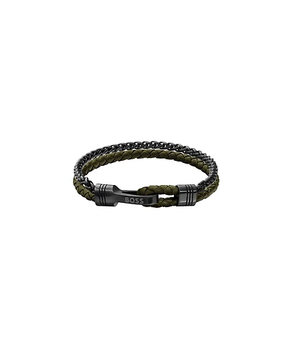Hugo Boss Men's Jaxon Ionic Plated Grey Steel Green Leather Bracelet