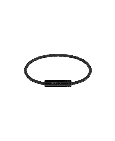 Hugo Boss Men's Ares Air Ionic Plated Black Steel Black Leather Bracelet
