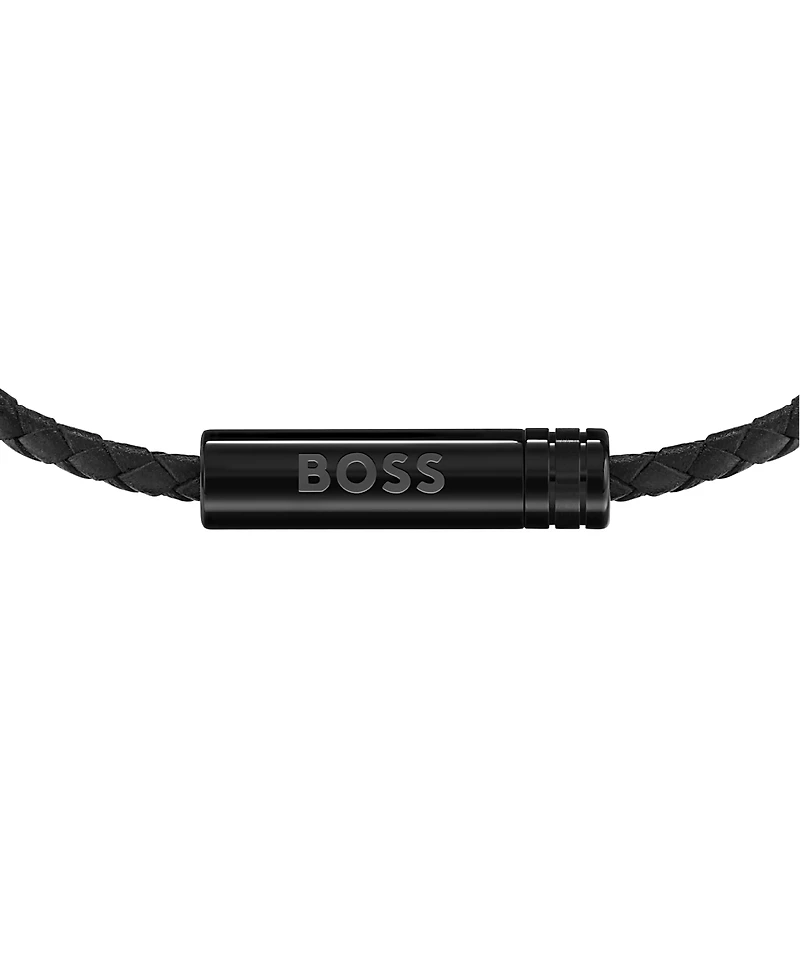 Hugo Boss Men's Ares Air Ionic Plated Black Steel Black Leather Bracelet