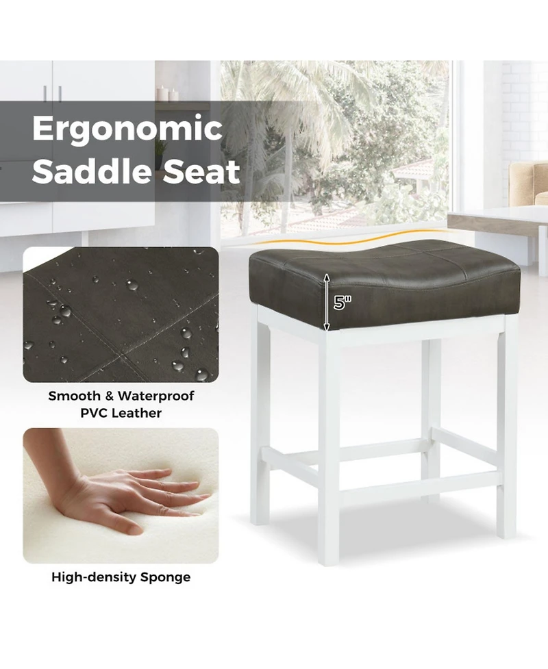 Gouun Set of 2 Saddle Counter Stools with Linen Cushion and Rubberwood Frame