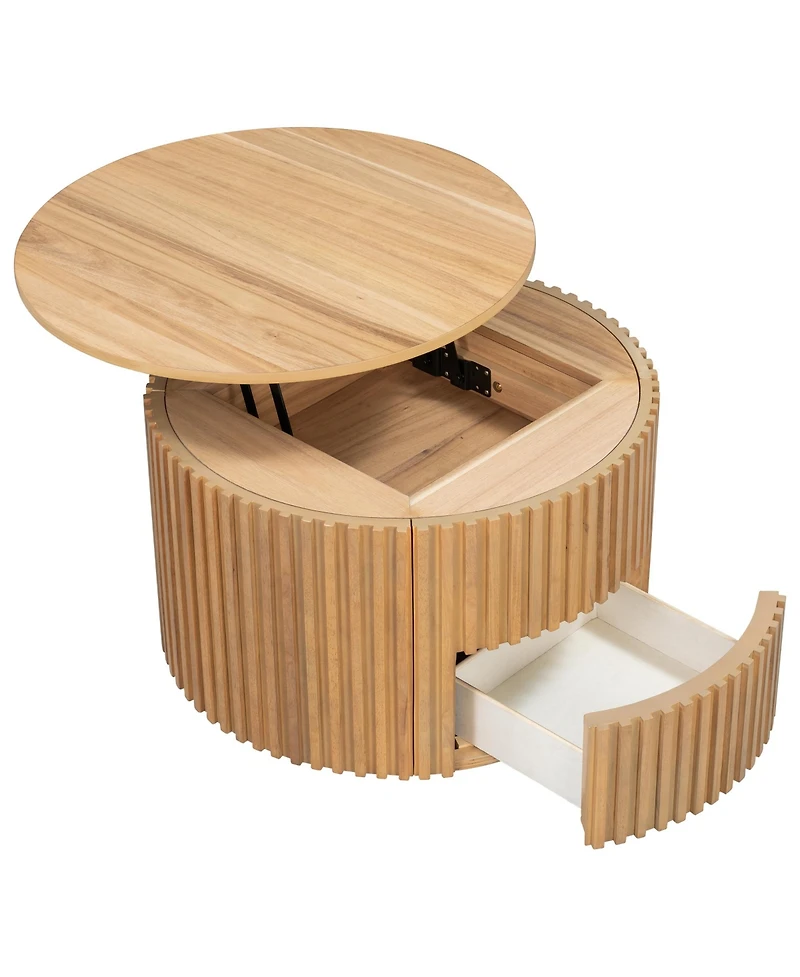 Flynama Round Lift Top Coffee Table Storage Fluted Wood Mdf Solid Wood Living Room Table