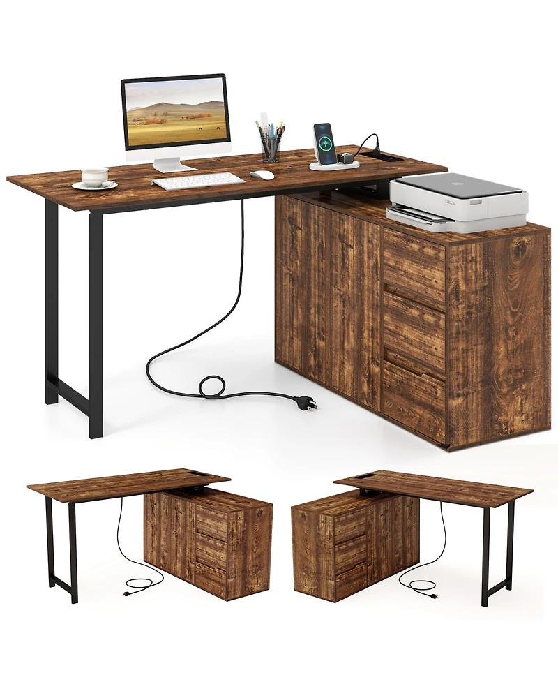 Costway 54.5" L-Shaped Computer Desk with File Cabinet, 3 Drawers and Charging Station
