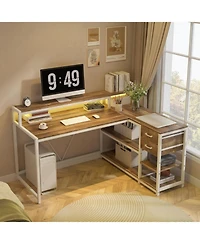 Tribesigns 55" L-Shaped Corner Desk with Drawers and Shelves, Oak