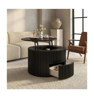 Flynama Round Lift Top Coffee Table, Fluted Wood Accent Table with Hidden Storage and Drawer, Solid Wood and Mdf