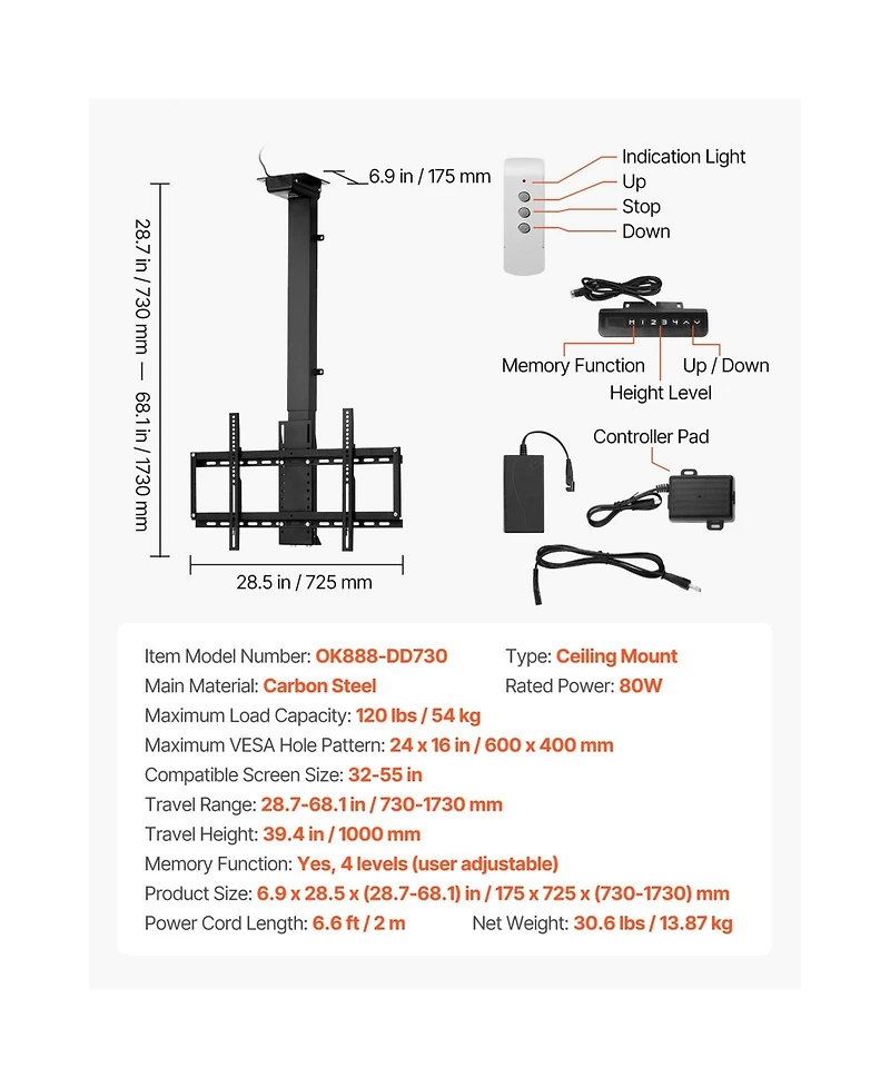 Sugift Motorized Flip Down Ceiling Tv Mount for 32 to 55 in TVs Max Vesa 24 x 16 in Up to 120 lbs