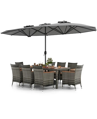 Gouun 10-Piece Patio Wicker Dining Set with 15 Ft Double-Sided Umbrella for 8 Guests