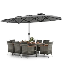 Gouun 10-Piece Patio Wicker Dining Set with 15 Ft Double-Sided Umbrella for 8 Guests
