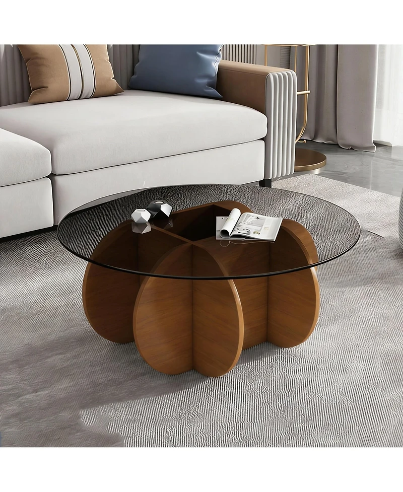 Flynama 31.5 Inch Round Walnut Coffee Table, Mid Century Modern Tempered Glass Top Center Table for Living Room