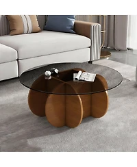 Flynama 31.5 Inch Round Walnut Coffee Table, Mid Century Modern Tempered Glass Top Center Table for Living Room