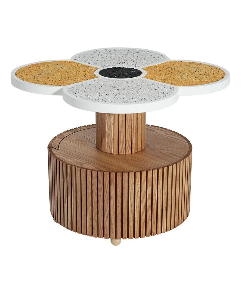 Flynama Four-Leaf Clover Side Table with Drawer, Stone Texture Top Wood-Grain Base Accent Table