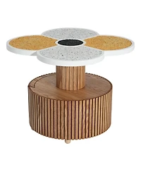 Flynama Four-Leaf Clover Side Table with Drawer, Stone Texture Top Wood-Grain Base Accent Table