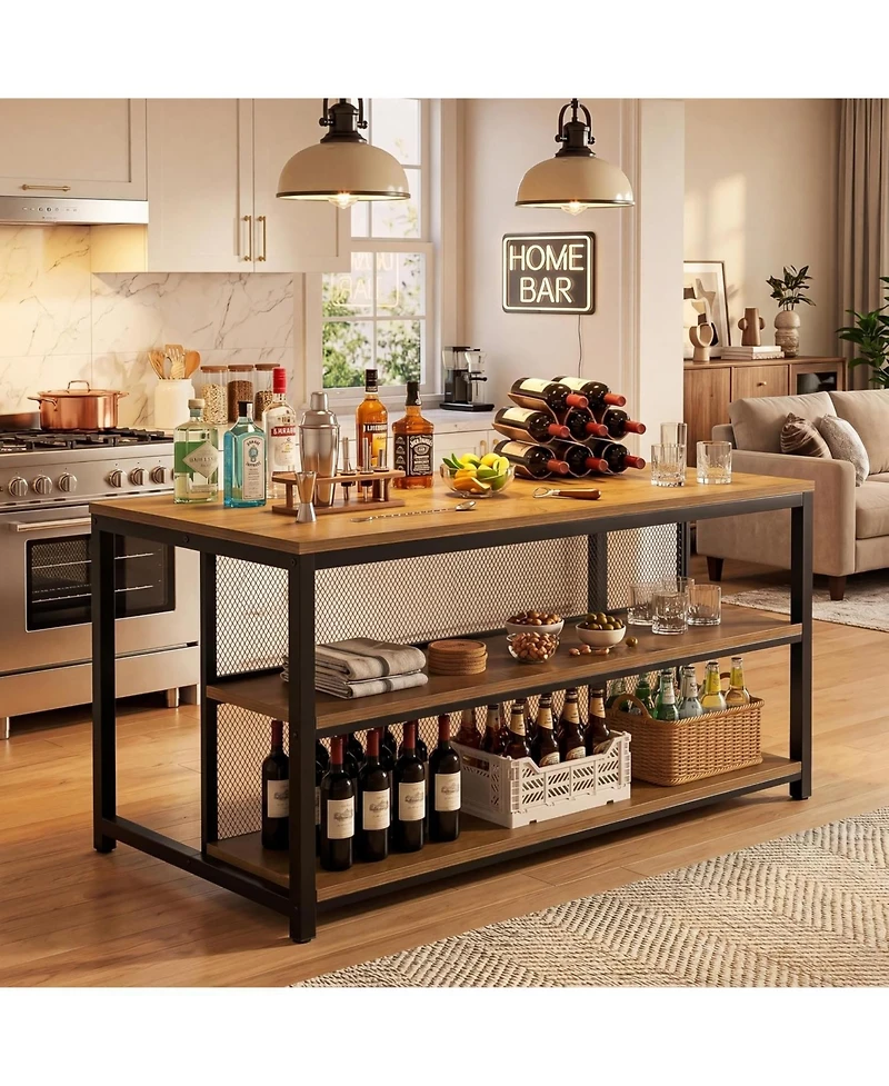 Tribesigns 63" Kitchen Table: Home kitchen table with storage and seating. Farmhouse counter height wine cabinet for kitchen, dining room, living room