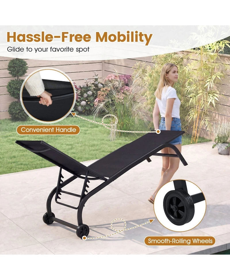 Gouun Outdoor Chaise Lounge Chair with Wheels and Heavy-Duty Metal Frame