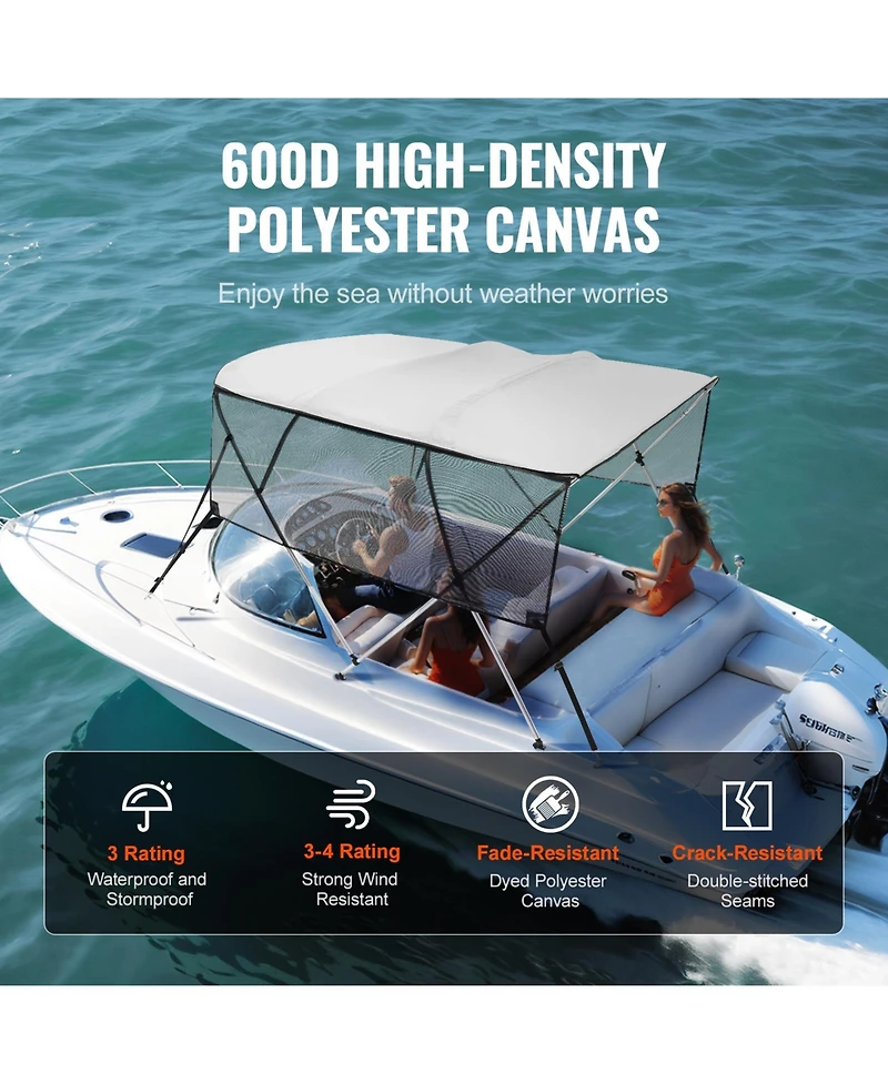 Sugift 4 Bow Bimini Top Boat Cover with Mesh Sidewalls 600D Polyester