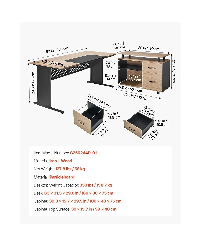Sugift L-Shaped Executive Desk with Drawers and Storage Cabinet 350 Lbs Load Capacity Easy Assembly