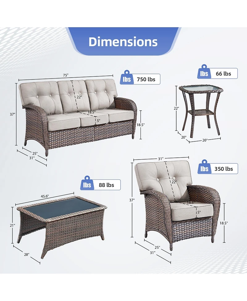 Pocassy 5 Pieces Patio Furniture Set, Outdoor Wicker Sofa with Rattan Chairs, Coffee Table, 5" Thick Cushions