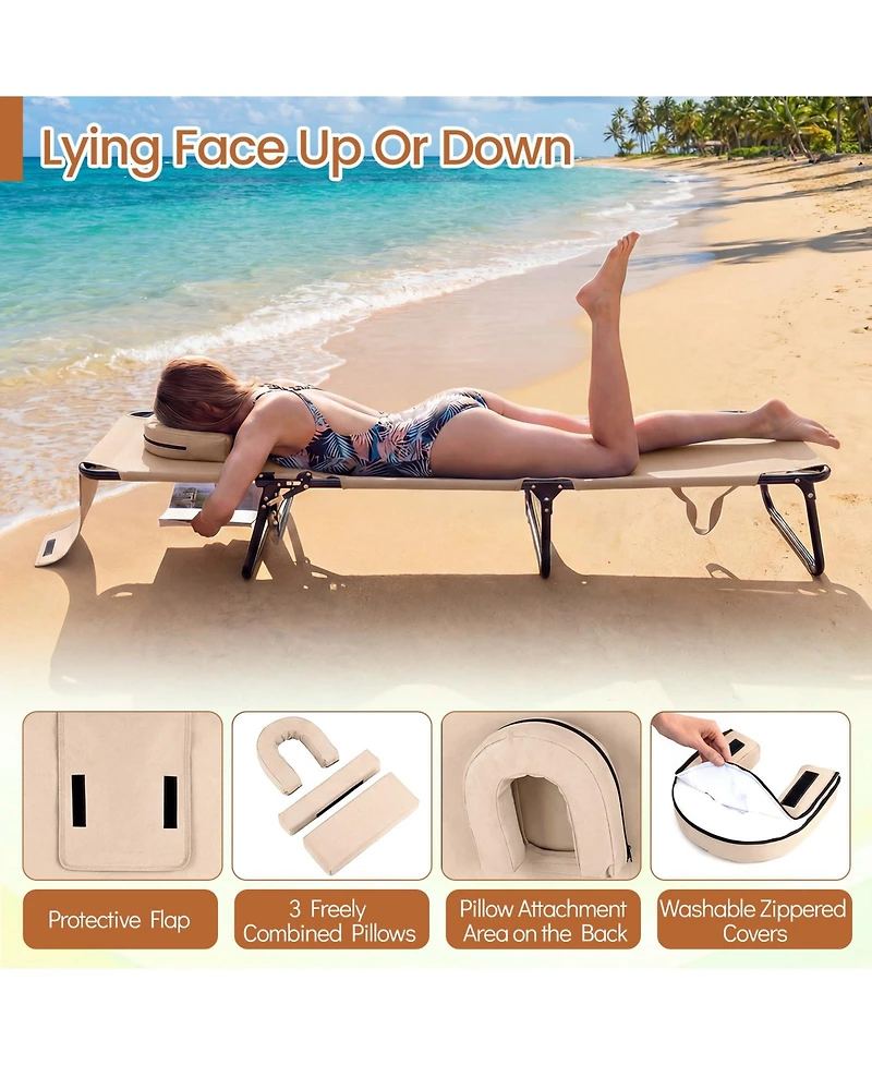 Costway Beach Chaise Lounge Chair with 4-Position Adjustable Backrest and Face Hole Pillows