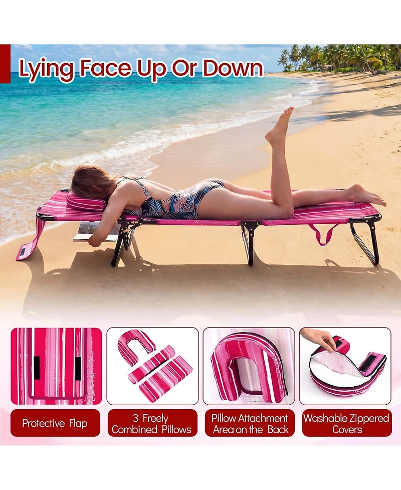 Costway Beach Chaise Lounge Chair with 4-Position Adjustable Backrest and Face Hole Pillows