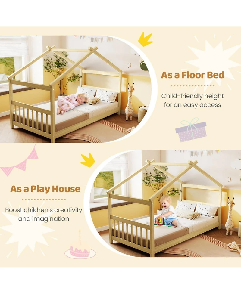 Sugift Twin Size Wooden House Bed with Roof