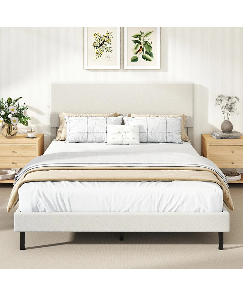 Sugift Queen Size Velvet Upholstered Platform Bed Frame with Chevron Headboard Adjustable