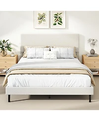 Sugift Queen Size Velvet Upholstered Platform Bed Frame with Chevron Headboard Adjustable
